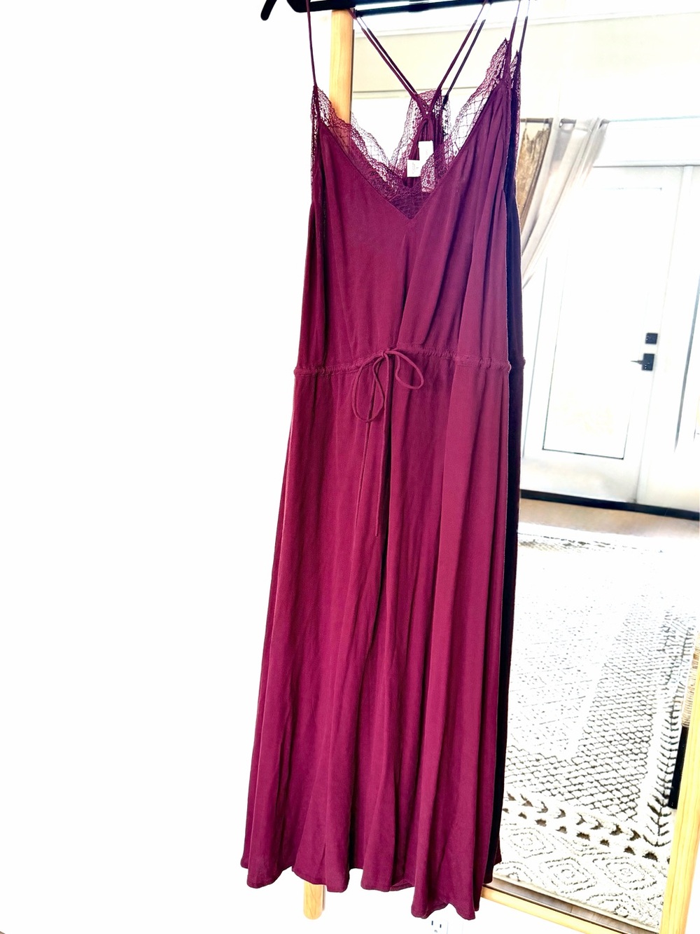 Lace-Trim Slip Midi Dress in Burgundy